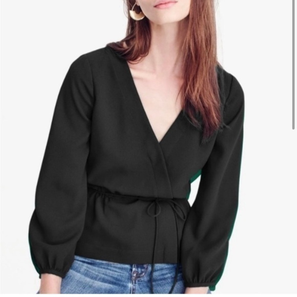 J.Crew Black Wrap Blouse Tie Waist Long Sleeve Size 8 Flowy Top